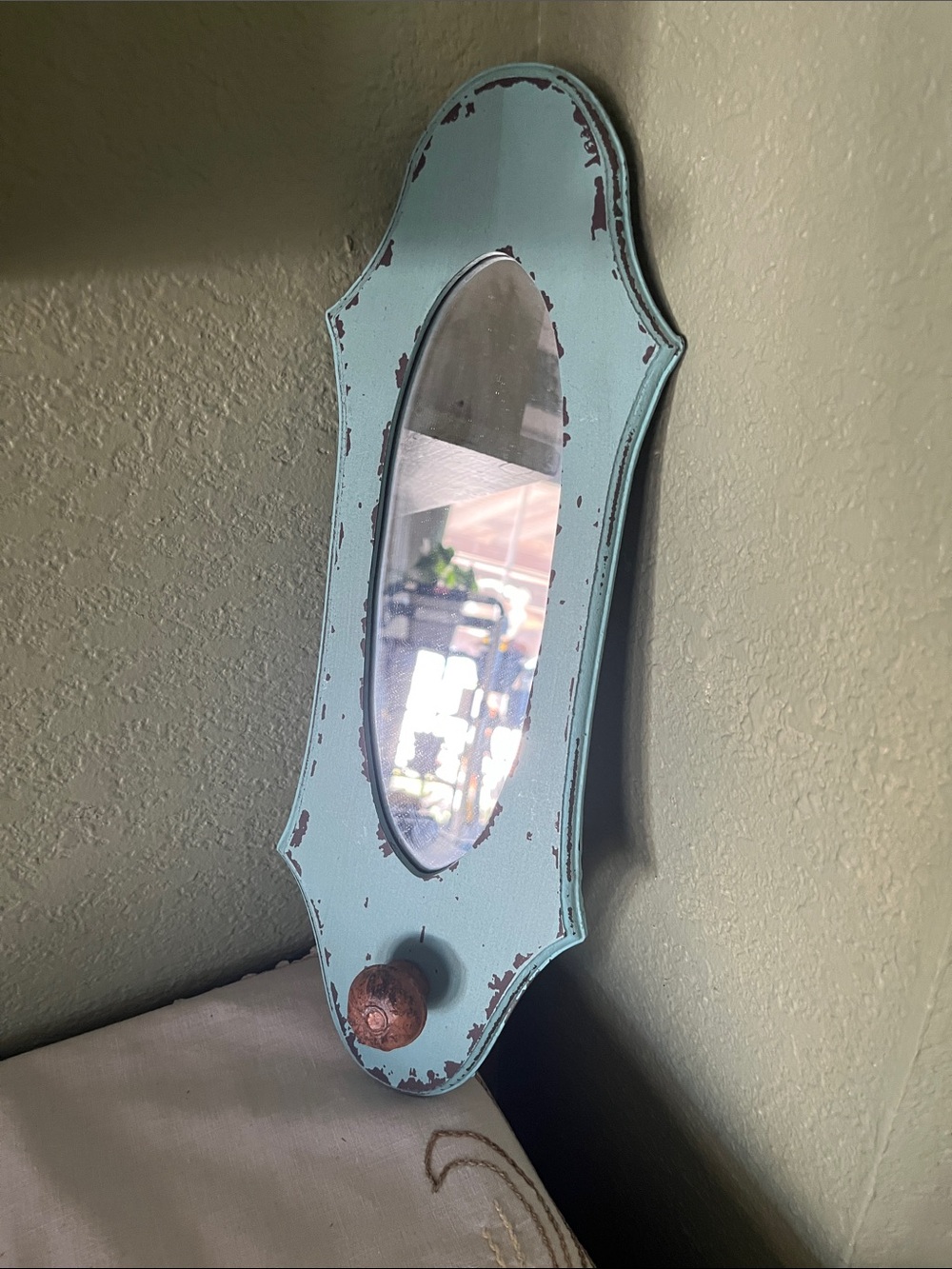 Antiqued Beveled Distressed Wood Framed Mirror with Hanging Knob